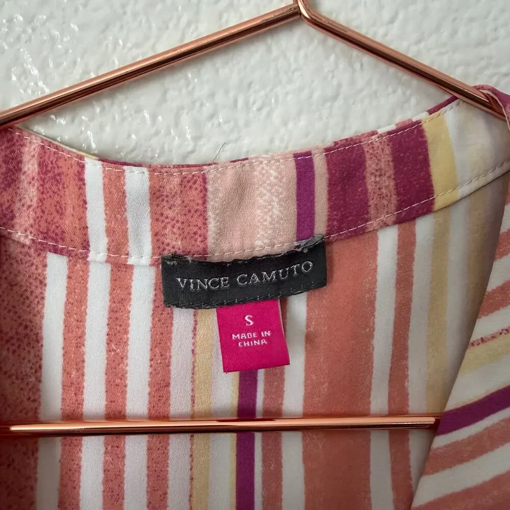 Vince Camuto vertical stripe split neck blouse top sleeveless pink yellow white